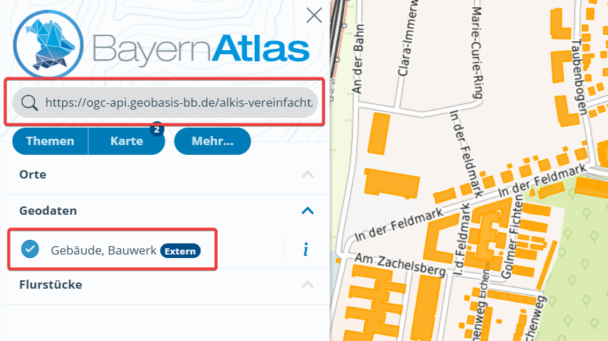 Screenshot aus dem BayernAtlas mit dem ausgefüllten Eingabefeld